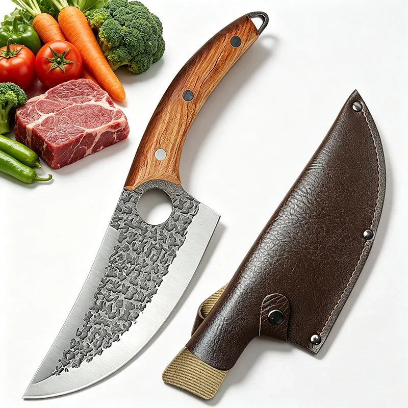 7-Inch Hand Forged Butcher Knife – Full Tang Wood Handle & Sheath