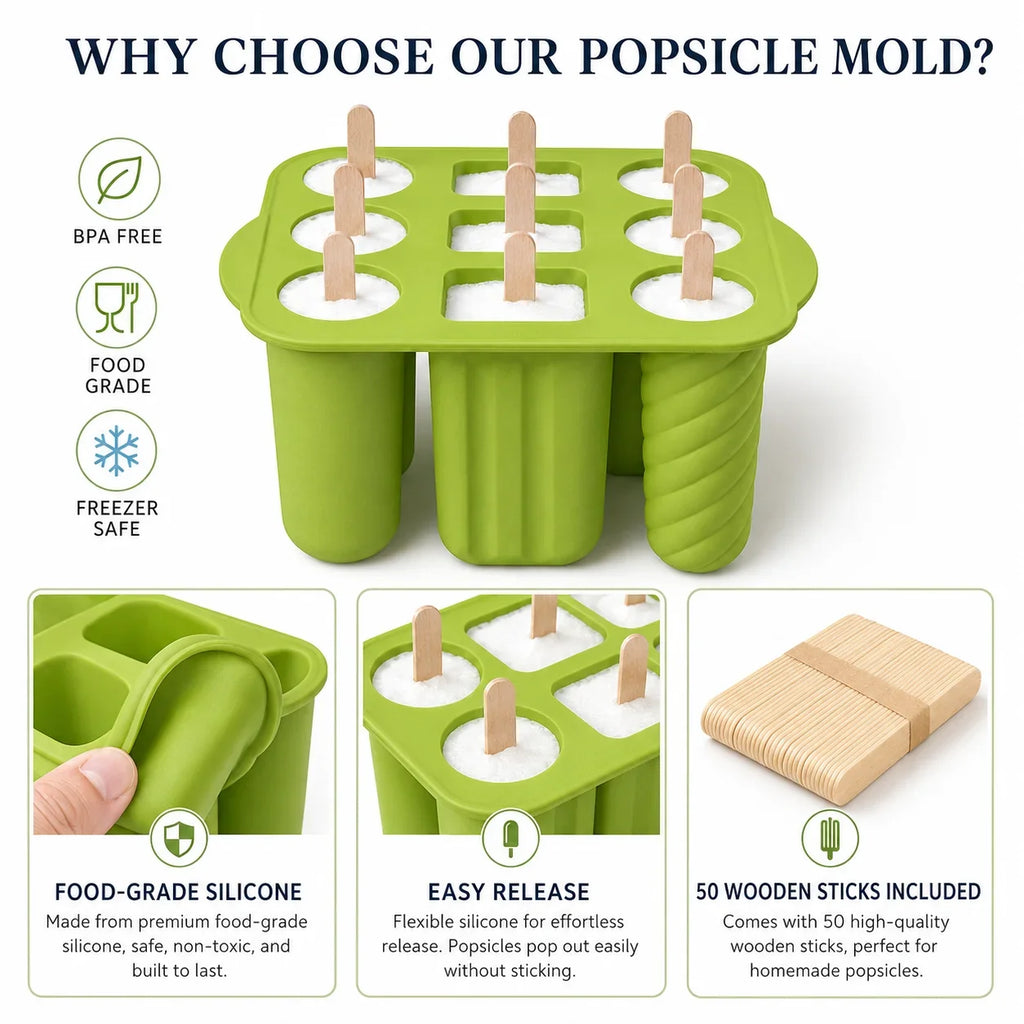 Silicone Popsicle Mold 9/10 Cavity + 50 Wooden Sticks | Ice Pop