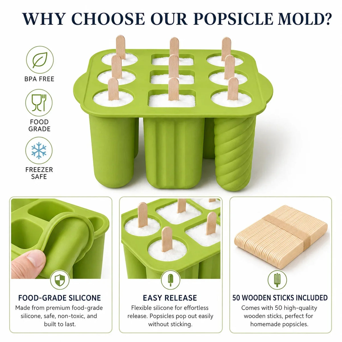 Silicone Popsicle Mold 9/10 Cavity + 50 Wooden Sticks | Ice Pop