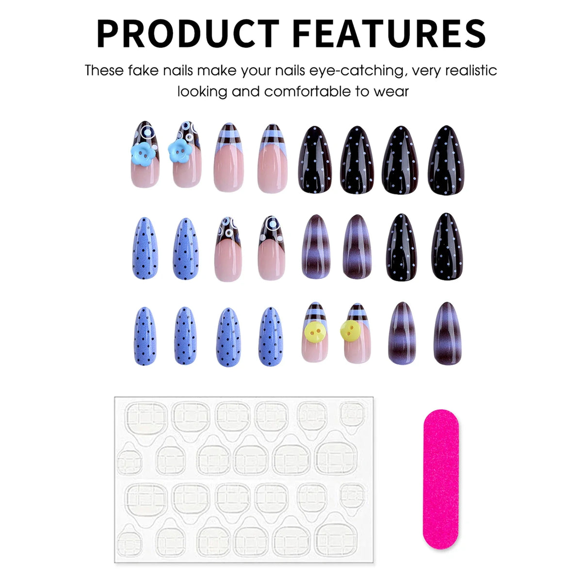 24pcs 3D Flower Press-On Nails Y2K Brown Blue Gradient Almond