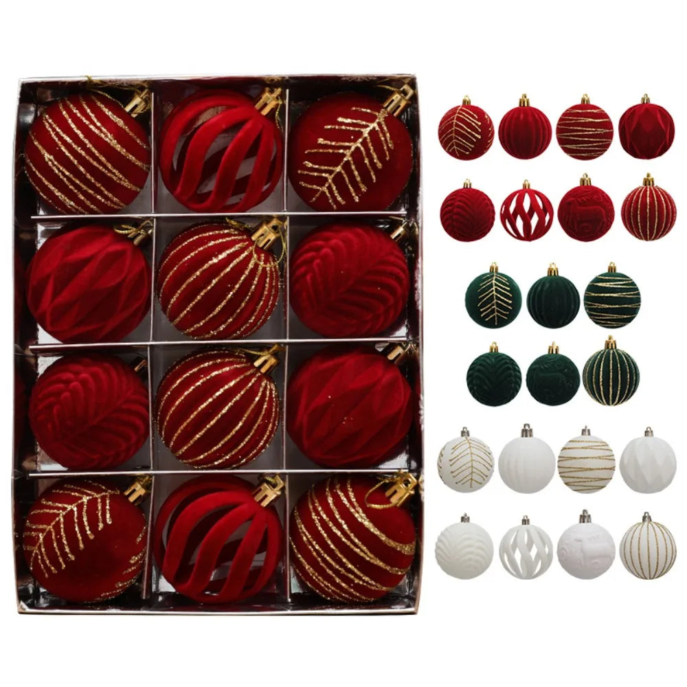 12-Pack Velvet Christmas Ball Ornaments – Gift Box Pendants