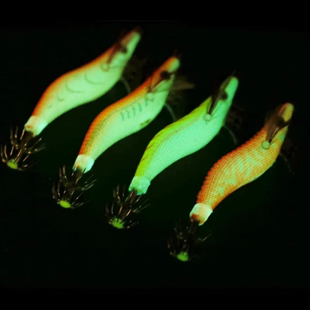Squid Jig Shrimp Fishing Lures Wood Prawn Baits Hooks Angling Tackle