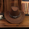 Vintage Brown Faux Suede Western Cowboy Hat Bull Skull Arrow Stitch