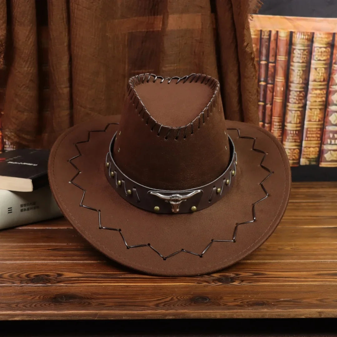 Vintage Brown Faux Suede Western Cowboy Hat Bull Skull Arrow Stitch