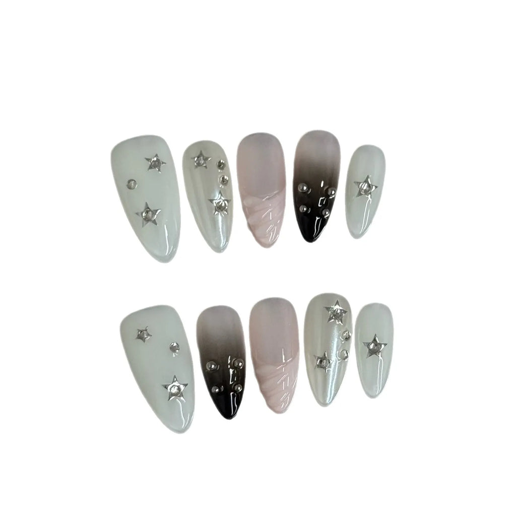 Press On Nails Gold Pearl Flower | Short Round Fake Nails 10pc