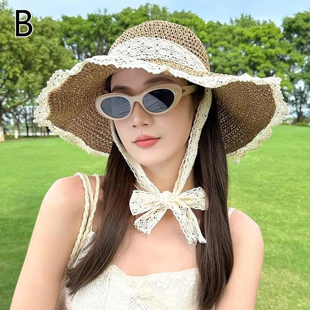 Women's Wide Brim Straw Sun Hat – Lace Beach UV Protection