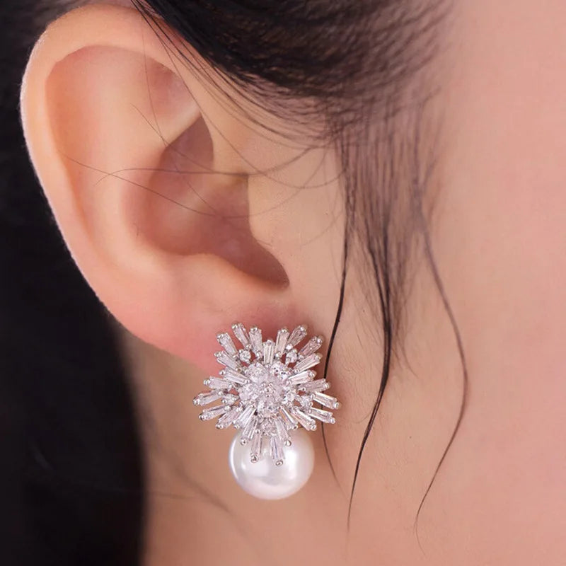 Huitan CZ Flower Pearl Drop Earrings – Wedding & Party Jewelry
