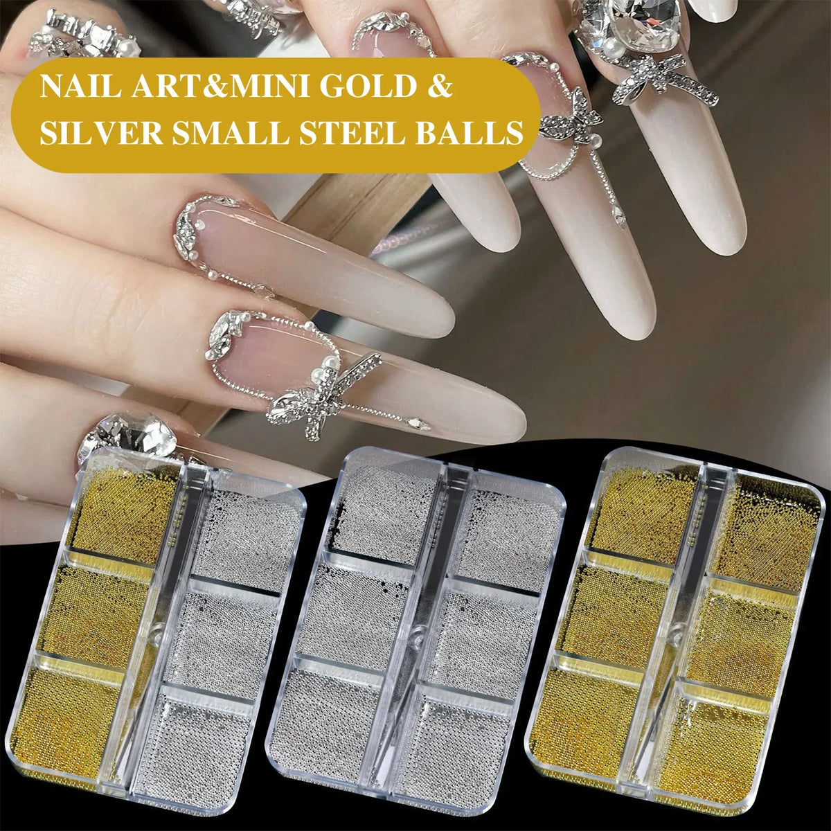 Steel Bead Nail Art Kit – 6-Grid Gold & Silver Manicure Charms