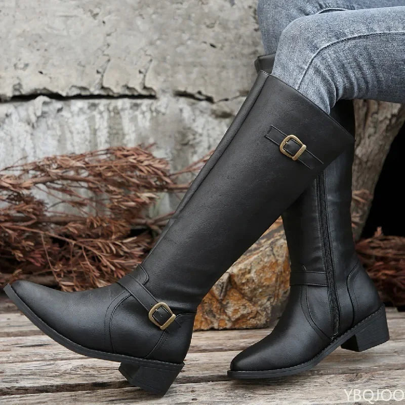 Women's Retro Pleated Buckle Knee-High Boots | Thick Heel