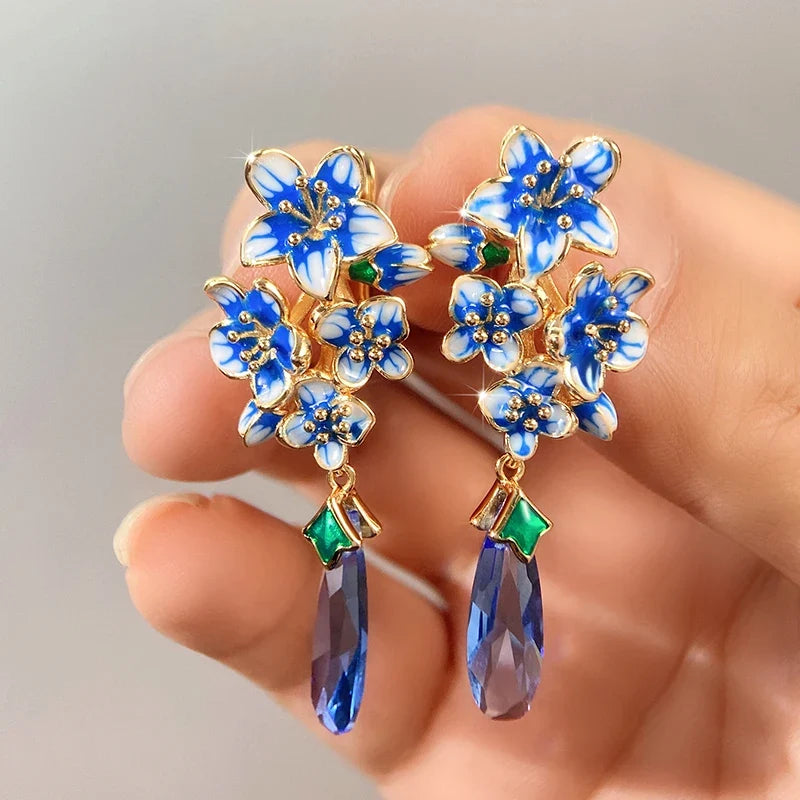 Huitan Blue Morning Glory Drop Earrings – Gold Floral Jewelry