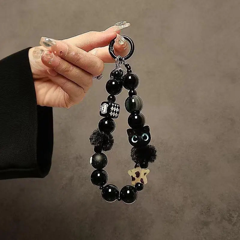 Luxury Black Fluffy Cat Phone Wrist Strap & Beaded Chain
