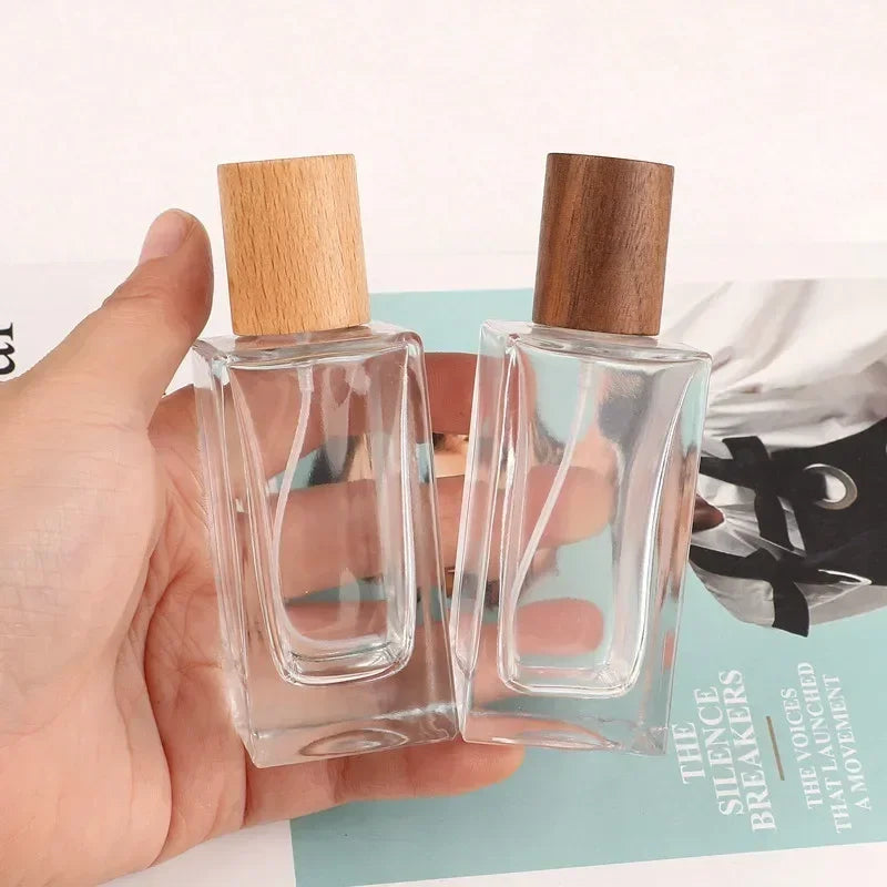 Portable Glass Spray Bottle 30ml 50ml | Refillable Wood Cap
