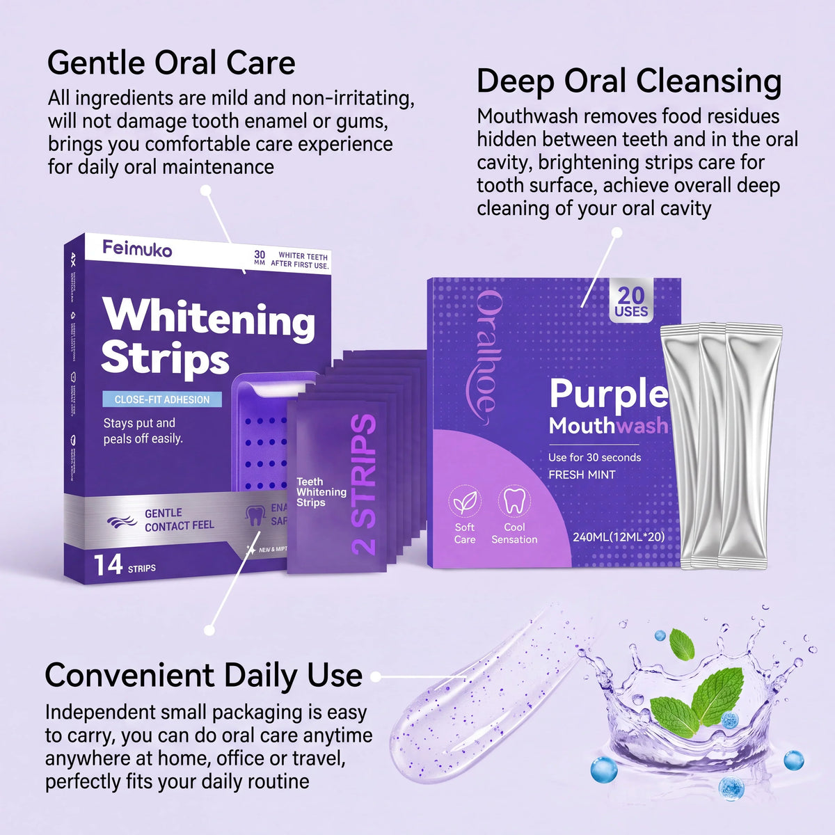 Purple Teeth Brightening Strips & Mouthwash Dental Kit