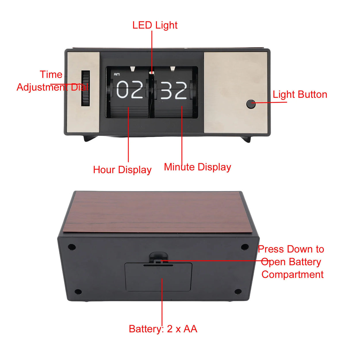 Retro Digital Mechanical Flip Down Clock Auto Desk LED Light Battery