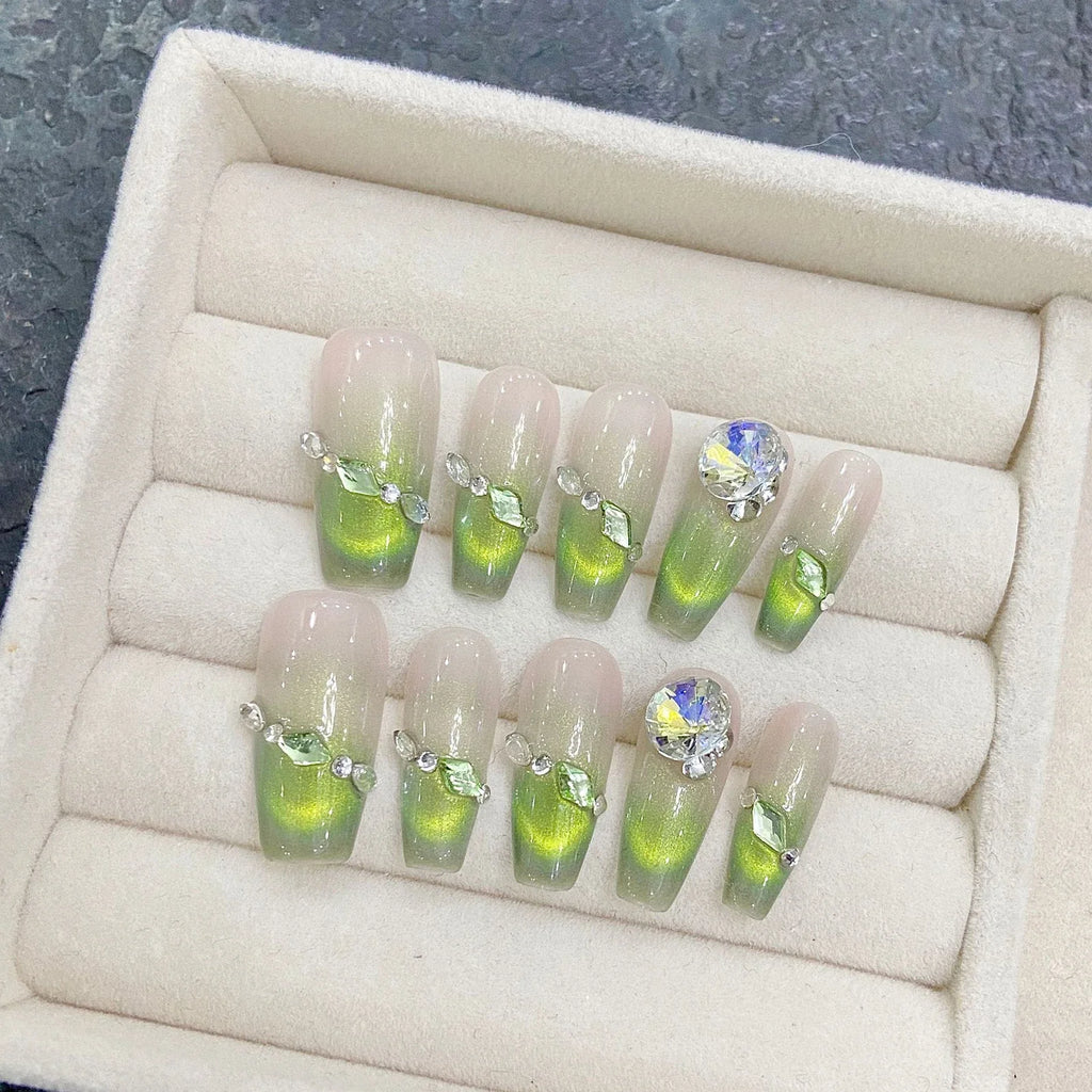 French Green Cat Eye Press On Nails – Long Ballet Coffin