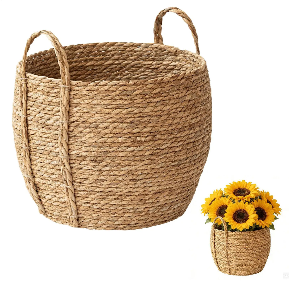 Rattan Planter Basket Floor-standing Flower Pot Handle Woven Plant