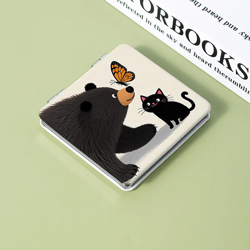 Kitten & Bear Cartoon Folding Makeup Mirror – Double Sided