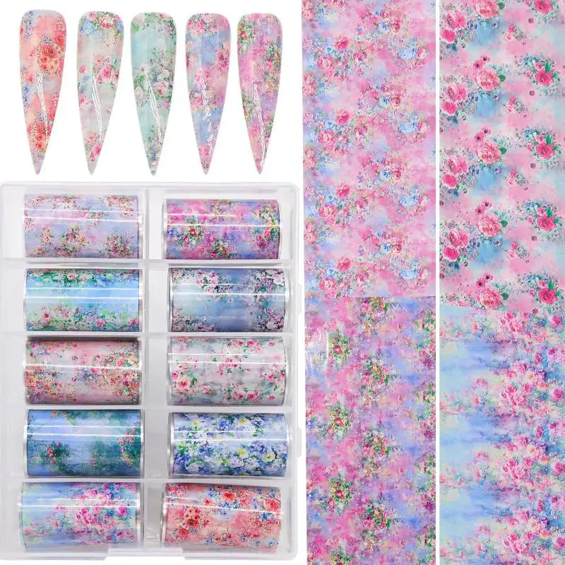 10-Roll Nail Art Foil Transfer Stickers – Floral & Starry Designs