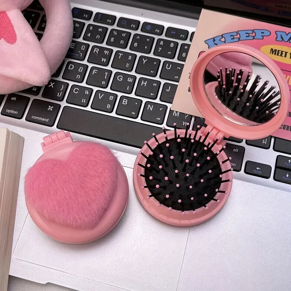 Plush Heart Mini Hair Brush & Mirror Set – Portable Pink
