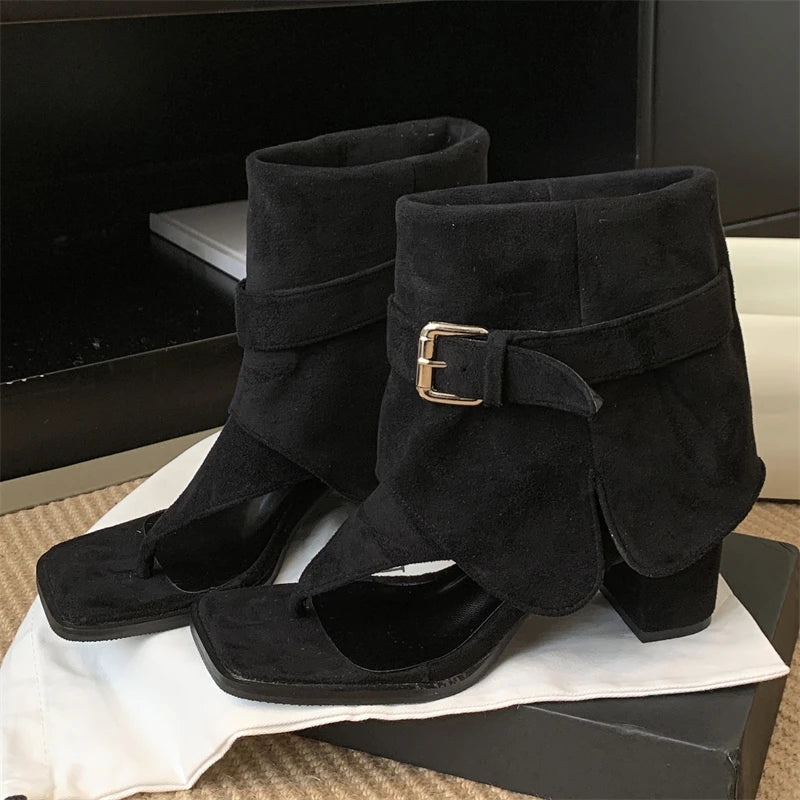 Women's Clip Toe Ankle Boot Sandals | Square Heel Buckle Strap