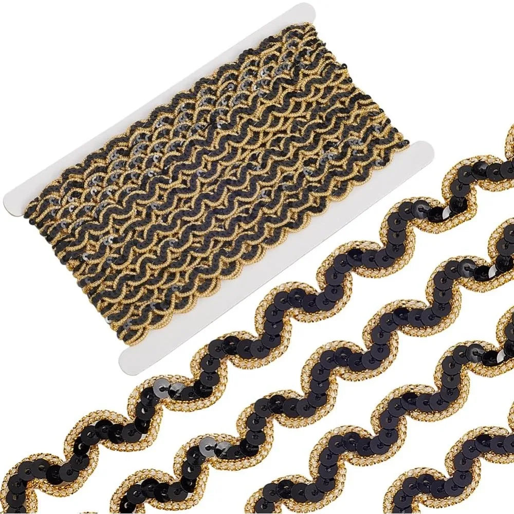 13M Black Metallic Sequin Ribbon – Wave Edge Lace Trim 12.5mm