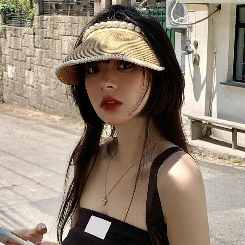 Women's Wide Brim Pearl Straw Sun Hat – Elegant Beach Cap