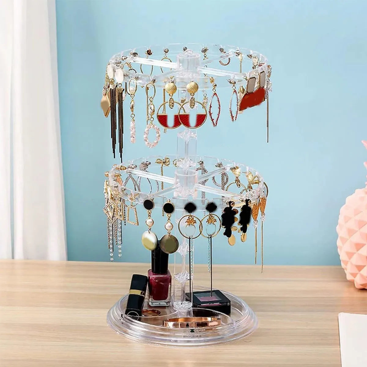 Double Layered Rotating Jewelry Rack Transparent Tree Shaped Display