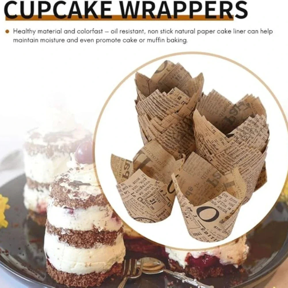 50pcs Newspaper Style Tulip Cupcake Liners & Baking Cups
