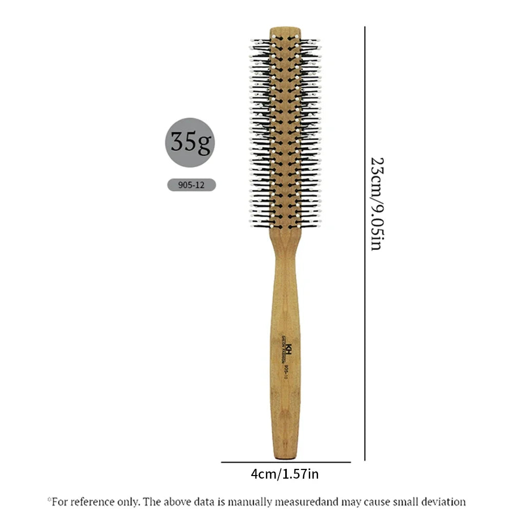 Natural Wood Round Barrel Hair Comb – Anti-Static Brush