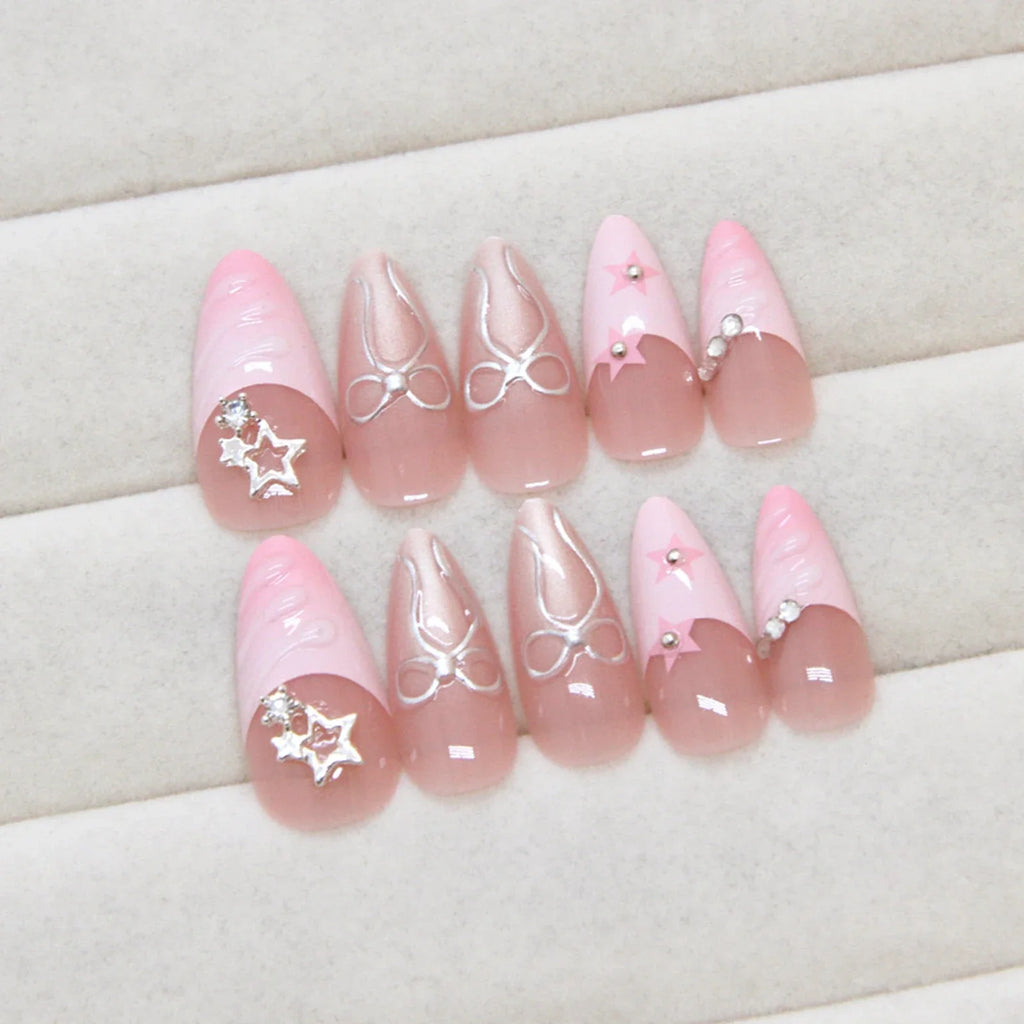 Ins Pink French Fake Nails 3D Sweet Bow Decor Press Full Cover Y2k