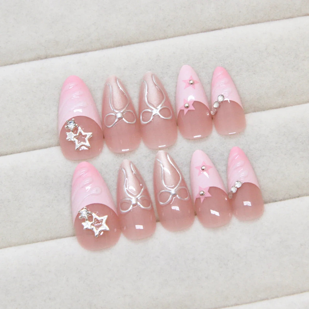 Ins Pink French Fake Nails 3D Sweet Bow Decor Press Full Cover Y2k