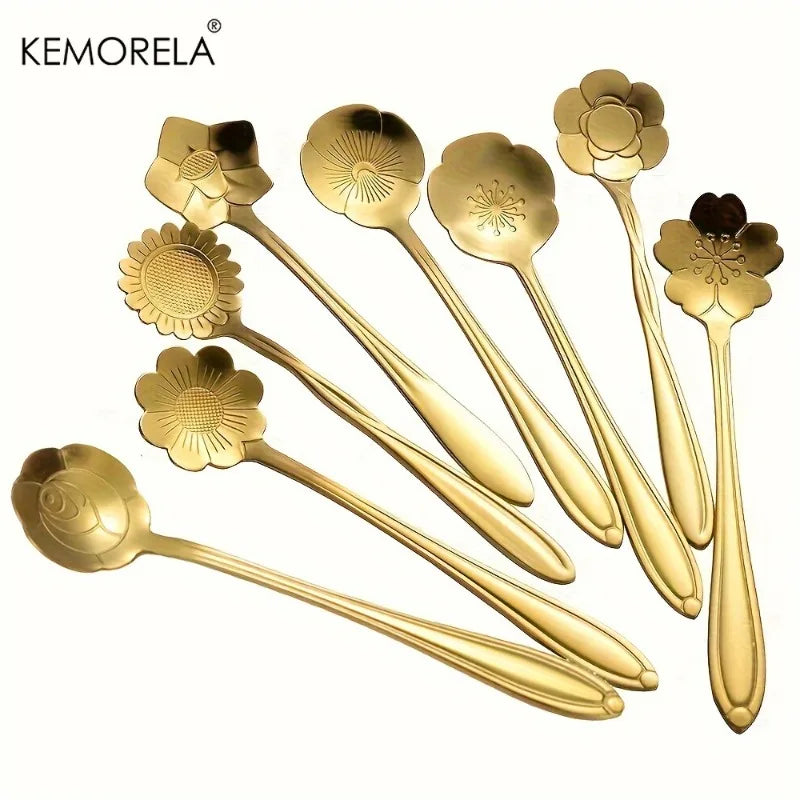 8-Piece Golden Flower Mini Spoon Set – Stainless Steel Dessert