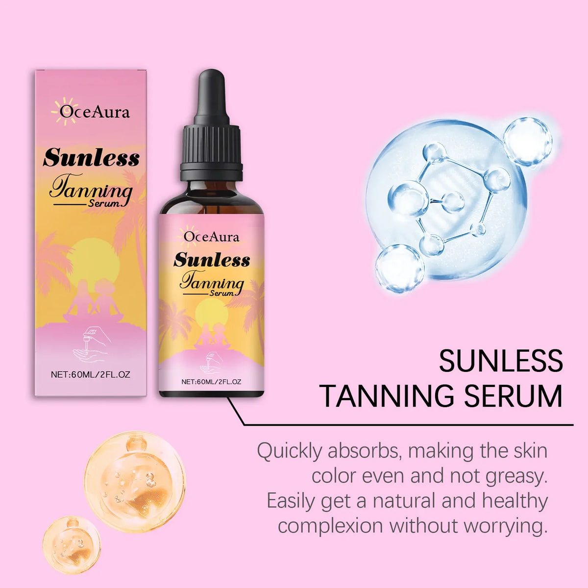 OceAura Sunless Tanning Drops – Natural Self Tanner Serum 60ml