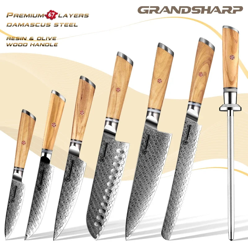 7-Piece Damascus Chef Knife Set – Japanese AUS-10 Olive Wood
