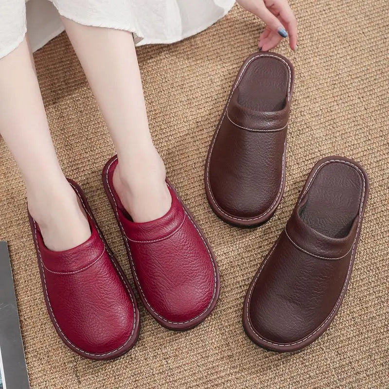 Lorilury Non-Slip Waterproof Indoor Leather Slippers Men Women