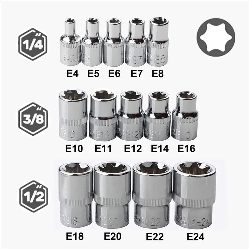 14-Pc Female E-Torx Socket Set E4–E24 | 1/4, 3/8 & 1/2 Drive