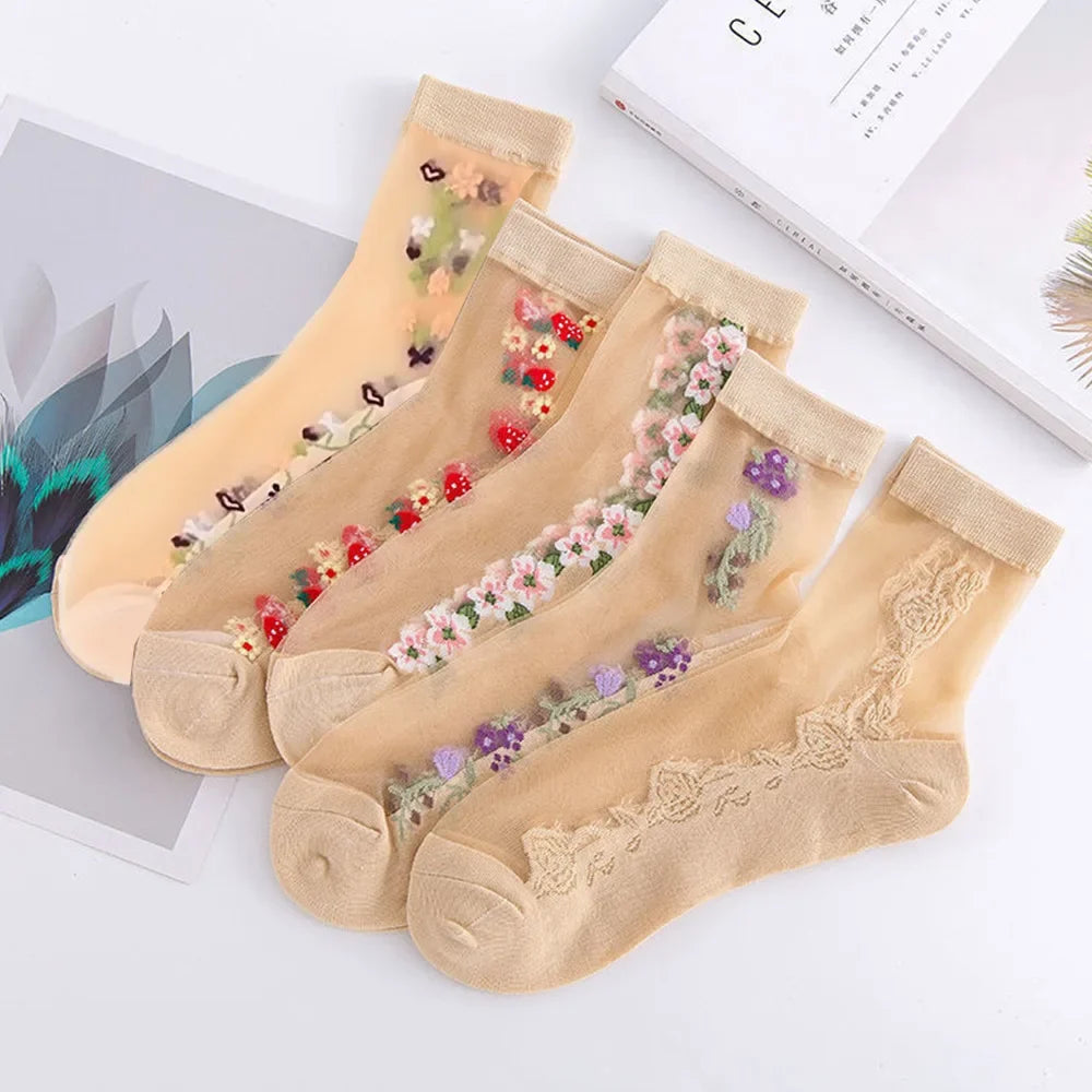 Women's Floral Mid-Tube Socks – 5 Pairs Breathable Casual