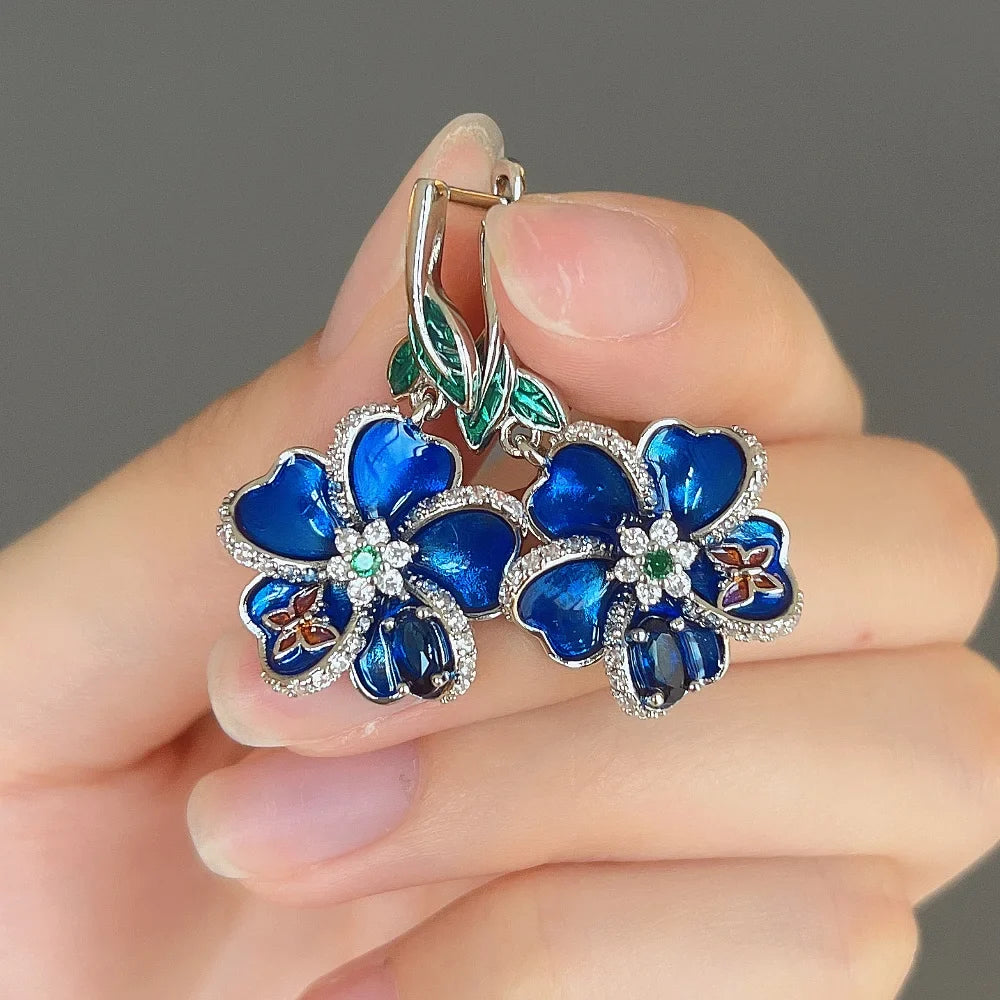 Huitan Blue Flower CZ Drop Earrings – Bridal Wedding Jewelry