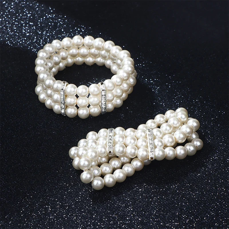 3-Row Pearl Rhinestone Stretch Bracelet | Multilayer Bangle