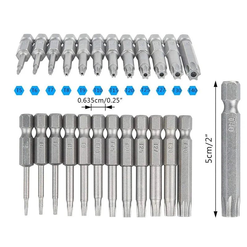 12 Sets Screwdriver Tip Torx Head 1 Hex Bar T5-T40 Star Including