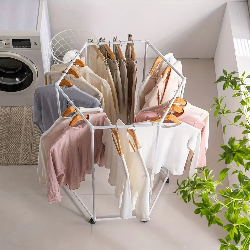 Freestanding 6-Bar Clothes Rack with Wheels & Shelves | Steel
