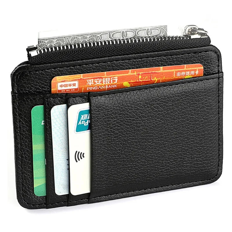 Lychee Pattern Zipper Card Holder – Slim PU Wallet