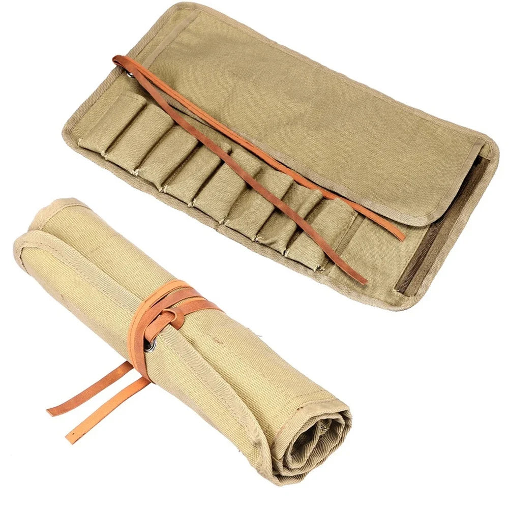 8-Compartment Roll-Up Tool Bag – Canvas Organizer Pouch