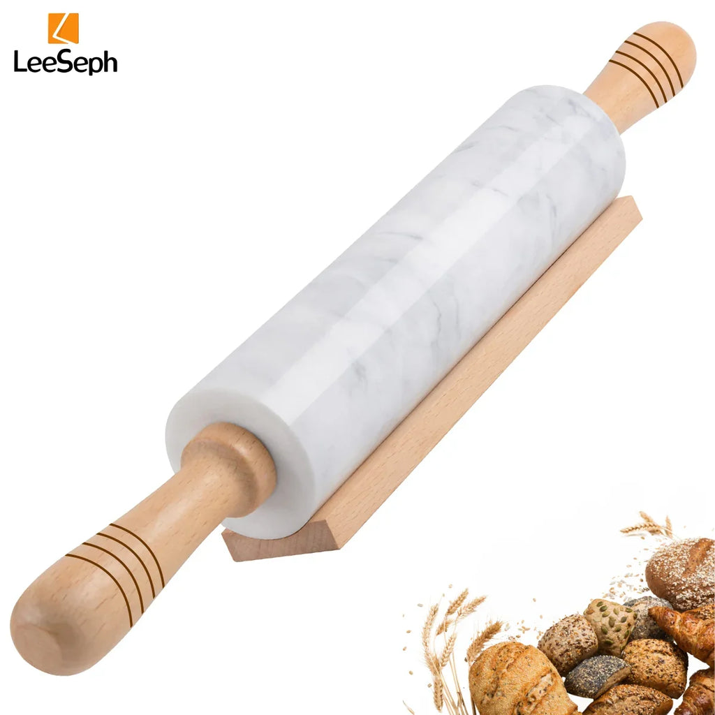 Leeseph Premium Marble Rolling Pin Wooden Handles Base Easy Clean