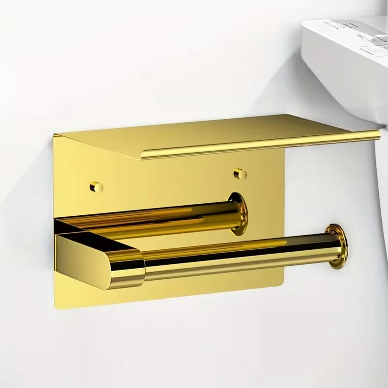Golden Toilet Paper Holder with Phone Shelf | No-Drill Mount