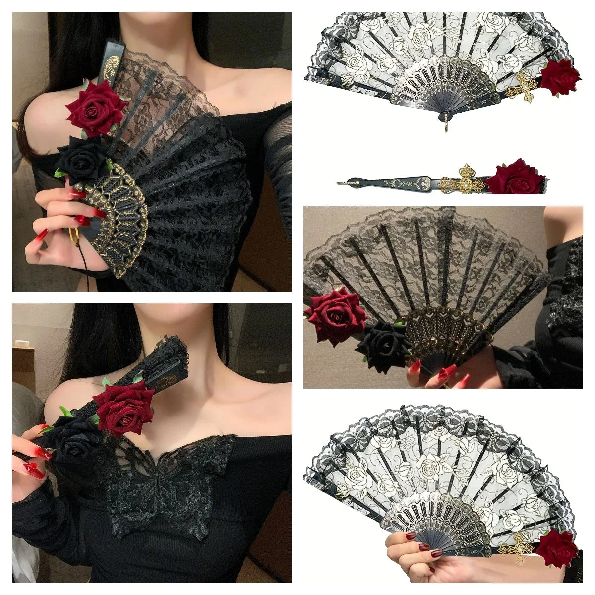 Dance Fan Ornament Ladies Lace Hand Black White Cloth Folding Fans