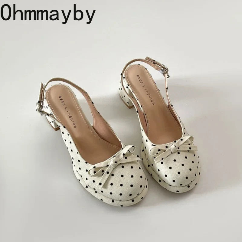 Women's Polka Dot Bow Slingback Sandals | Square Heel