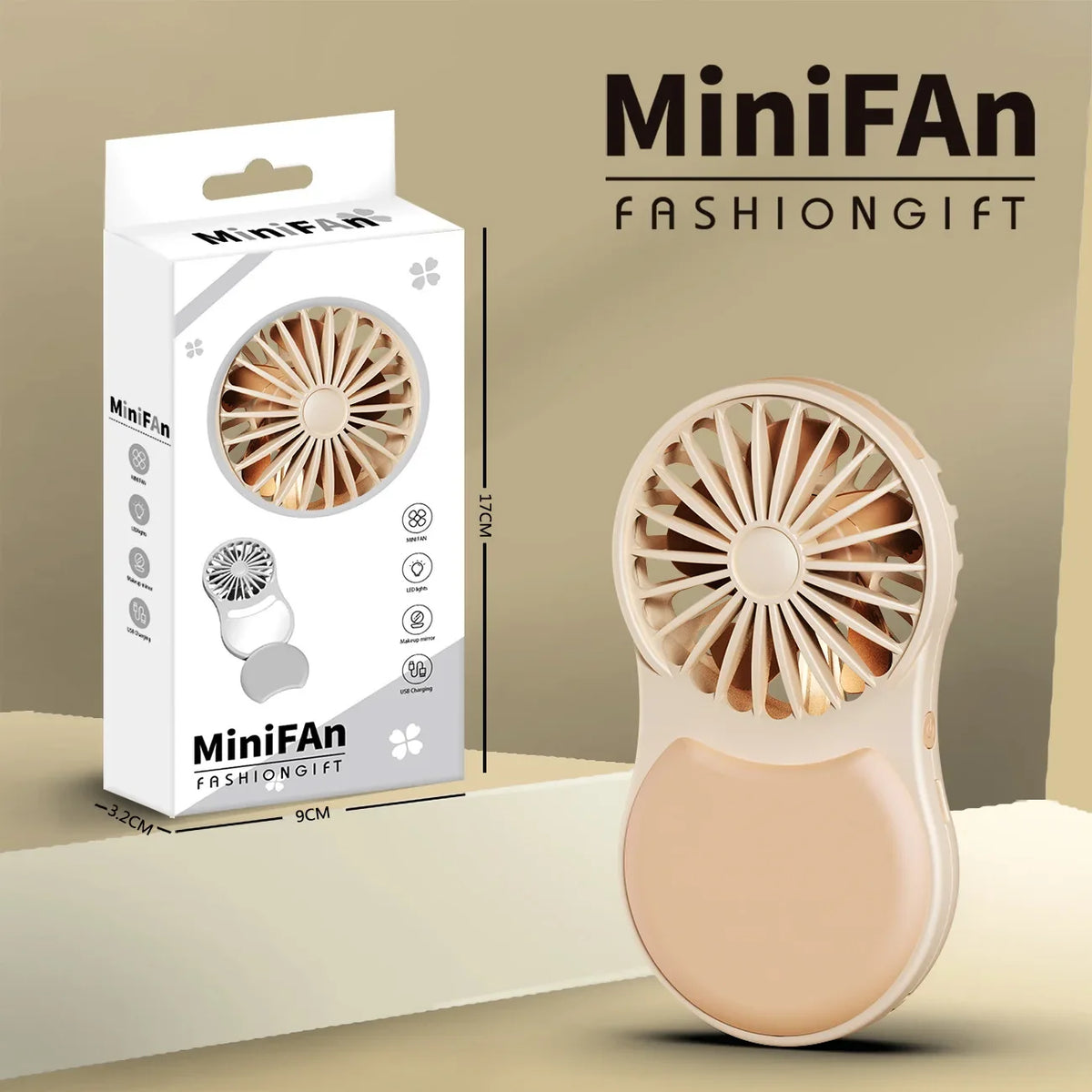 URGGU Mini Pocket Fan with Mirror & Light | USB-C Rechargeable