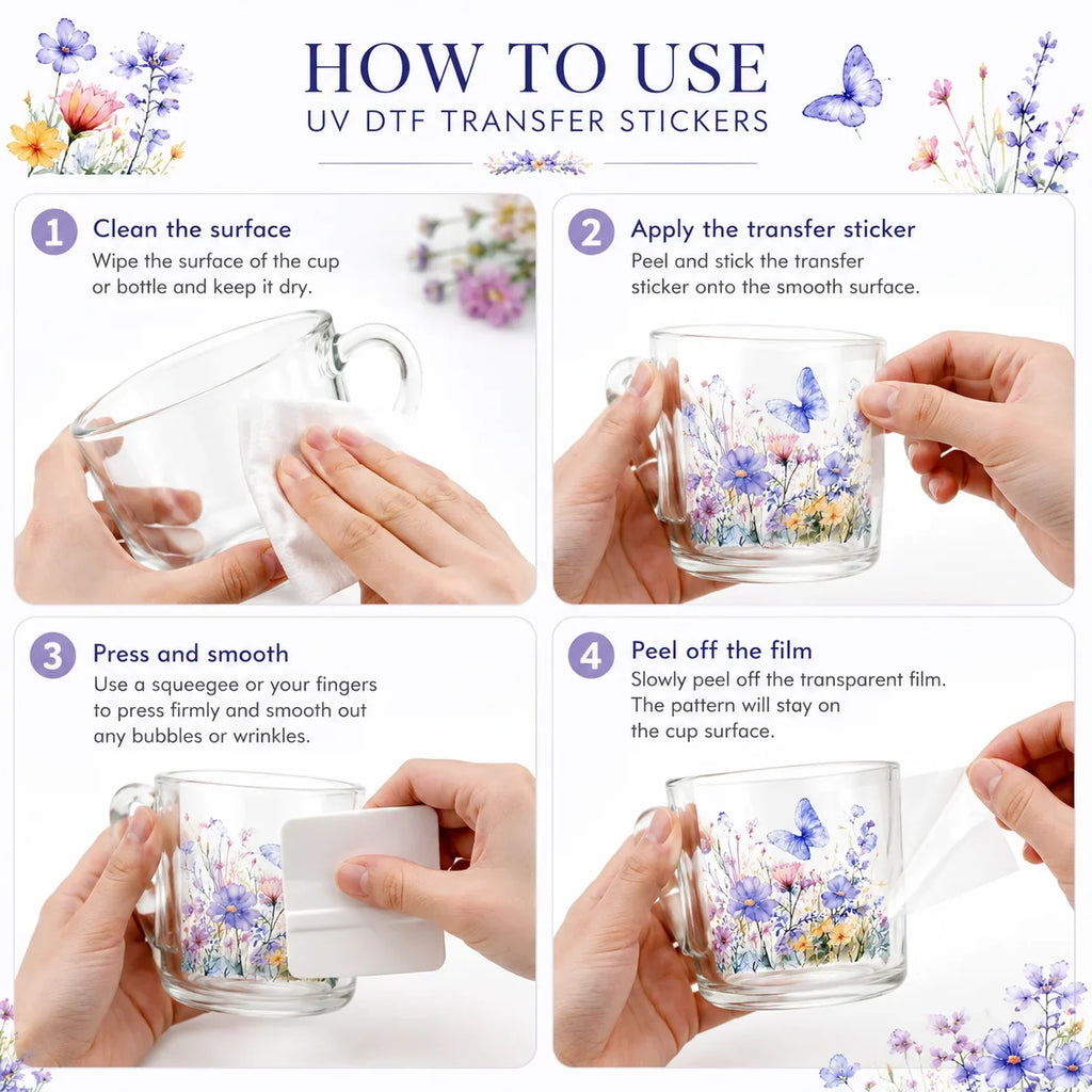 UV DTF Butterfly Flower Sticker | Waterproof Rub-On Cup Decal