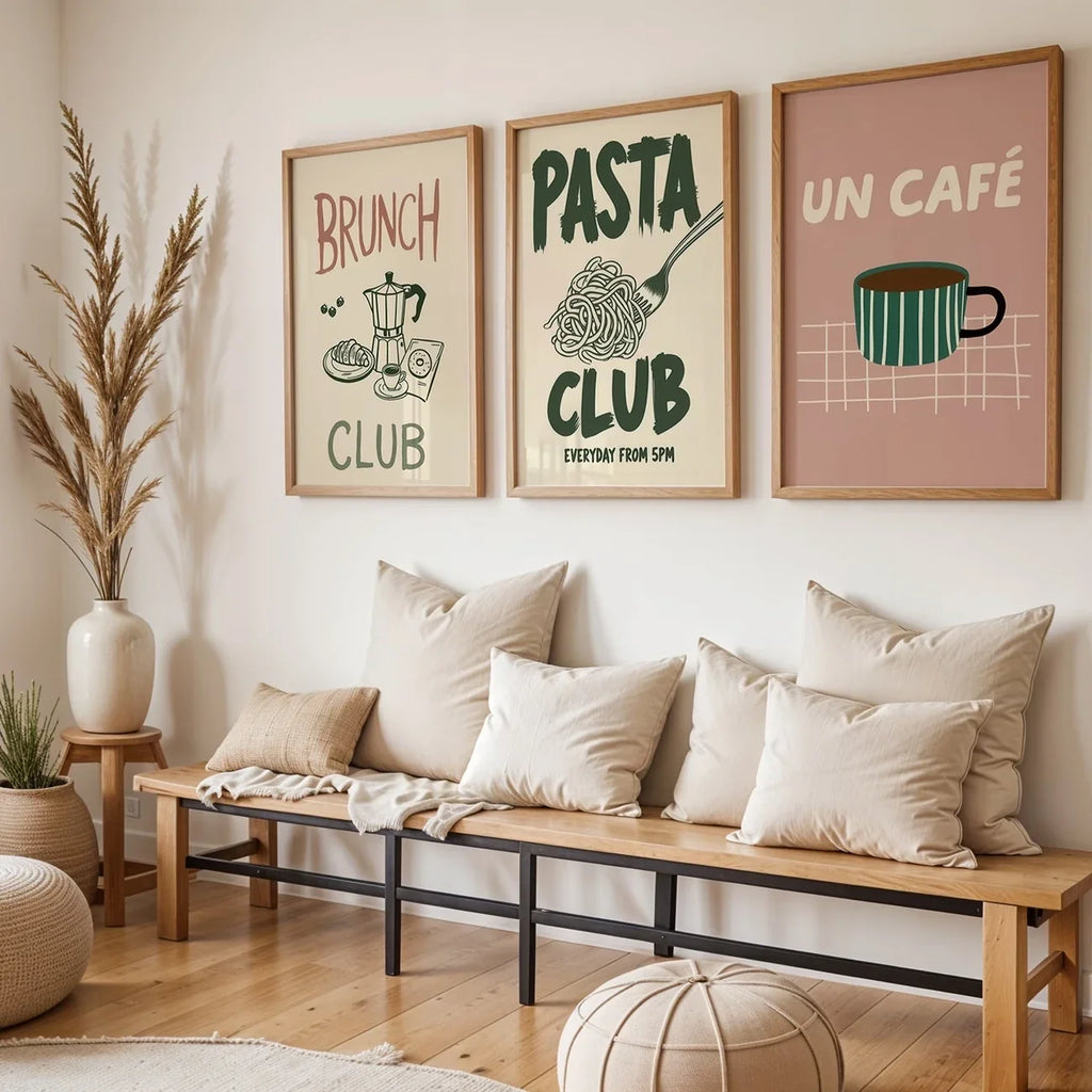 3-Piece Pasta & Coffee Canvas Wall Art | Green & Pink Prints